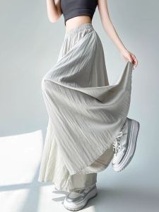 กางเกงขายาวผ้าลินินไหมบางฤดูร้อนสำหรับผู้หญิง กางเกงขายาวทรงหลวมเอวสูง กางเกงขายาวทรงหลวมแบบลำลอง กระโปรงทรงญี่ปุ่น