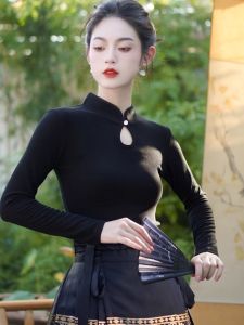 Slim Fit Long Sleeve T-Shirt with Button Detail Traditional Chinese Style Base Shirt for Cheongsam Womens Fashion Spring Wear