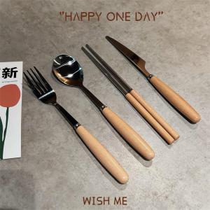 Japanese Style Stainless Steel Dining Utensils Set with Wooden Handle Chopsticks Spoon Fork Combination Wood Spoon Chopsticks