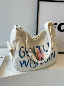 Large Capacity Canvas Tote Bag Lettering Fashionable Casual Crossbody Bag for Students Women New 2025 Style Shopping Bag Shape