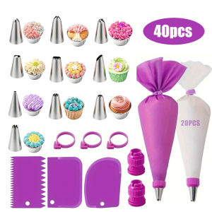 XMSJ | 40Pcs Silicone Piping Bags and Tips Set Cake DIY Decorating Kit with Stainless Steel Nozzle Reusable Silicone Pastry Baking tool