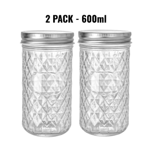 600ml Diamond Pattern Glass Mason Jar - Airtight Food Storage Container with Silver Lid for Kitchen Jams & Spices