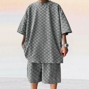 Mens Sports Suit Summer New Korean High Street Jacquard Plaid T-shirt Shorts Two-piece Set Male Casual Retro Loose O-neck Top