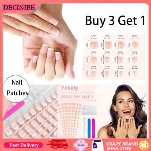 DECINIEE 24pcs French False Nails Fashion White Blue Purple Edge Full Cover Fake Nails Detachable Short  Nail Tips for Salon fingernails -[Buy 3 Get 1]