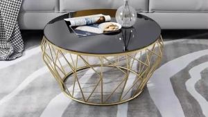 Bàn trà đơn Sofa phòng khách mặt kính tròn chân kim loại sơn tĩnh điện hoạ tiết tam giác liên tiếp sang trọng hiện đại
