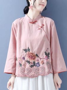 Summer Middle-Aged and Elderly Womens Dress National Style Top Womens Artsy Retro Stand-up Collar Long Sleeve Shirt Womens Chinese Style Shirt