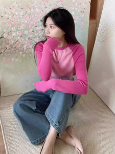 เสื้อสเวตเตอร์ถักผ้าขนสัตว์แขนยาวทรงสลิมฟิตสำหรับผู้หญิง เสื้อชั้นในสีชมพูม่วง แฟชั่นฤดูใบไม้ร่วง/ฤดูหนาว สไตล์เกาหลี