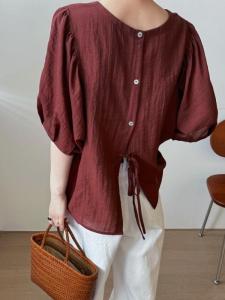 Red Back Split Chiffon Short Sleeve Womens Shirt A-Line Slimming Korean Style Commute Fashion plus Size Summer Top