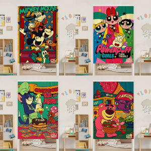 Retro Cartoon Door Curtain Partition Curtain Home Bedroom No Punching Privacy Curtain Childrens Room Half Curtain Bathroom Hanging Curtain