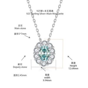 Pretty Beauty S925 Sterling Silver 1CT Lake Blue Oval Cut Moissanite Halo Pendant Necklace Bracelet for Women Fine Jewelry Set