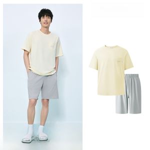 YOUKESHU | Couples Summer Short Sleeve Sleepwear Set Womens Outdoor Wearable Home Clothes Comfortable Viscose Cotton Blend Round Neck