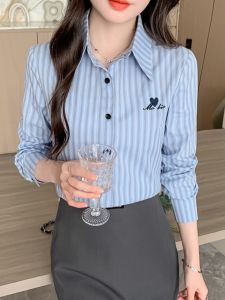 Blue Striped Womens Shirt Spring Autumn 2025 New College Style Retro Embroidery Versatile Casual Slimming Top