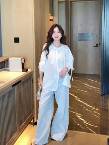 AMMIN 2024 Autumns new simple flower round neck white chiffon blouse with Bubble sleeves Korean version r single breasted long sleeve elegant blouse