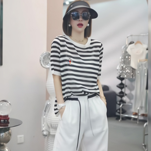 Shalldoer | Casual Style Womens Striped Color Block Short Sleeve T-Shirt Loose Fit Breathable Summer Thin Cotton Round Neck Top