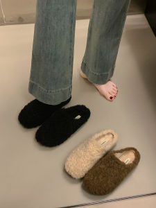 Autumn and Winter New Arrival Lamb Wool Muller Closed Toe Half Slippers Womens Outwear Thick Sole Curly Hair Bean Bag Cotton Slippers Fluffy Shoes
