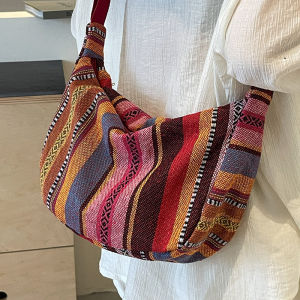 Large Capacity Dumpling Pattern Canvas Shoulder Bag Womens Retro Striped Tote Bag Fashionable Crossbody Bag Daily Use Handbag