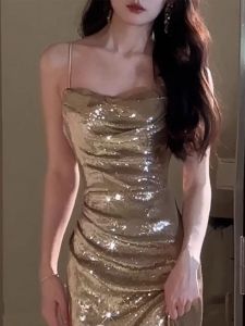 Elegant French Sequin Fish Tail Gown for Annual Company Dinner Party High Waist Long Dress Vintage Style Zipper Backless A-Line Skirt