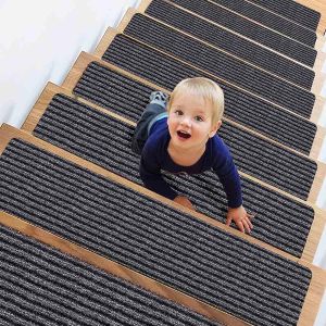 Hoyaa 5pcs Non Slip Stair Step Mat Thick Waterproof Anti Slip Rubber Wear Resistant Grey Simple Stair Tread Rug Floor Carpet
