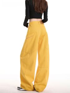 Forever 21 Embroidered Wide Leg Jeans Womens High Waist Loose Slimming Patchwork Design Yellow Knife Edge Jeans Casual Style