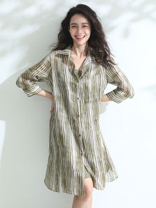 Miccbeirn | Casual Pure Flax Stripe Print Shirt Dress Mid-Length Two-Piece Set Comfortable Lazy Style Summer Season Womens Clothing