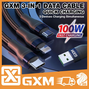 GXM 100W 3 in 1 Fast Charge Data Cable iPhone 16 15 Pro Lightning USB C Type MicroUSB Samsung Huawei OPPO VIVO Xiaomi 1.2m Black