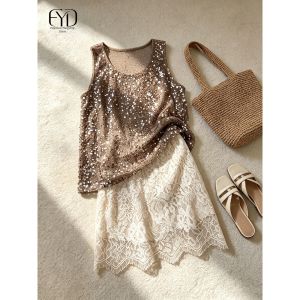 Luxurious Elegant Set Glitter Top Lace Skirt