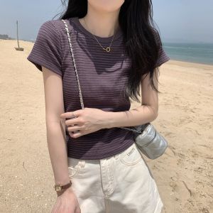 Slim Fit Short Sleeve T-Shirt Womens American Retro Stripes Tightening Top Summer Fashionable Versatile Commute Style round Neck