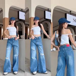 กางเกงยีนส์ขากระบอกใหญ่สีฟอกสวยๆ