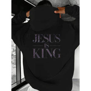 Jesus Is King MenS Casual Hoodie - Black Patterned Printed Pullover Shirt,