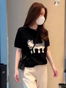 Summer Thin Black round Neck Short Sleeve Knitted Sweater Womens Spring Autumn Fashionable Stylish Age-Defying Top Ladies Premium Knitwear Loose Fit Regular Sleeve Length Low round Neck