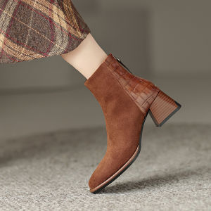 Leather Square Head Short Boots Chunky Heel Martin Boots Short High Heel Chelsea Boots round Toe Ankle Boots Spring Autumn