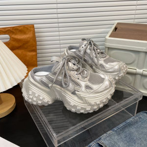 Womens Sporty Casual Shoes Thick Bottom Leather No-Back Slip-On Dad Sneakers Trendy Cross-Band Korean Style Daily Wear