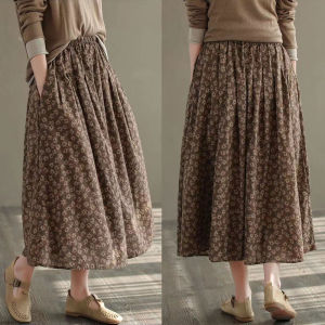 Small Floral Skirt Loose Spring/Summer Autumn Clothing Young Mother High Waist Slim Looking A- line Retro Elastic Waist Dress