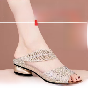 Fashionable Summer Low Heel Real Leather Mesh Slip-On Sandals Womens Fish Mouth Slippers Casual Comfortable mid Age Suitable
