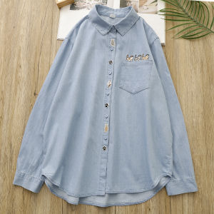 Artistic Cute Embroidered Pocket Cat Denim Long Sleeve Shirt Jacket Womens Fashion Autumn New Arrival Cotton Blend Loose Fit