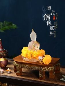 ฐานไม้วางพระ 3ขนาด ไม้สัก ฐานตั้งบูชาพระ แท่นวางพระ แต่งขาลายไทยสีทอง ฐานรองพระ