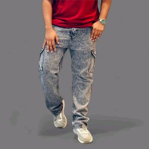 Seluar Jeans Lelaki Cargo 6 Pocket Acid Wash Cargo Jeans Non Stretchable Straight Cut