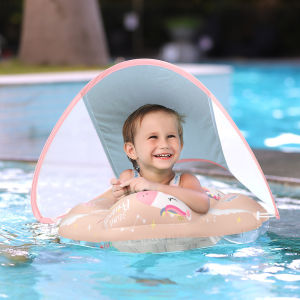EmmAmy Upgrades Baby Swimming Ring Lying Lap Infant Swimming Float with Sunscreen Sunshade Kids Swim Pool Accessories