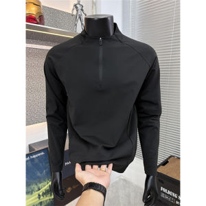 Black Half Zipper Stand Collar Long Sleeve T-Shirt Mens Fitness Training Wear Autumn Sports Inner Wear Heavy Duty Casual Top