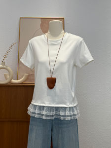 เสื้อยืดแขนสั้นผ้าฝ้ายแท้สีขาว ทรงเข้ารูป สำหรับผู้หญิง ฤดูร้อน แฟชั่น เทรนด์ใหม่ ลดอายุ ดีไซน์ไม่ซ้ำใคร ตัดเย็บด้วยลูกไม้ เสื้อตัวบน