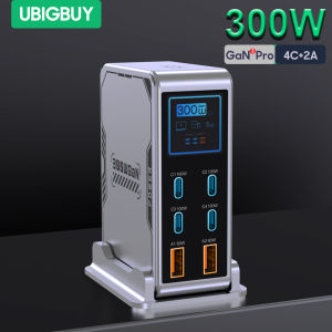 Ubigbuy 300W GaN Charger PPS PD 100W USB Type C 6-Port Digital Display Desktop Fast Charging Station for MacBook iPhone Samsung
