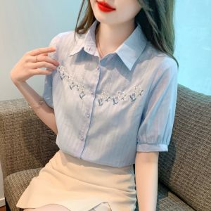 Fashionable Embroidered Pure Cotton Shirt Womens Stylish Summer 2025 New Arrival Age-Defying Top Versatile Polo Collar Short Sleeve