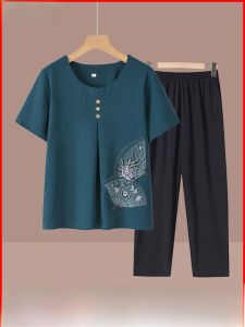 Summer Fashionable Two-Piece Set Short Sleeve Polyester Blend Comfortable Loose Fit for Elderly Women Bird And Flower Pattern