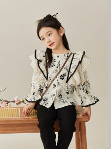 New Chinese Style Baby Girl Shirt Doll Bubble Sleeve Floral Print Casual Long Sleeve round Neck Polyester Spring Autumn Kids Clothing