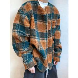 Large Size 300 Pounds Retro Khaki Green Plaid Lamb Fur Shirt Mens Loose Jacket Thick Outerwear Autumn Winter Casual Style