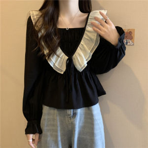 Chiffon Shirt Womens Autumn Clothing Plus Size Plus Size Ladies Loose Slim Looking French Shirt Ruffles Short Stitching Square Collar Top