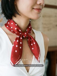 Lagur | Cherry Red 100% Silk Lace Trim Multi-style Vintage Dots Scarf