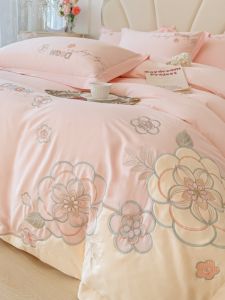 Elegant Embroidered Floral Pure Cotton Bedding Set Quilt Cover Sheet Wedding Celebration Bed Linens Soft Comfortable Cotton