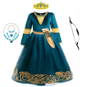 Brave Merida Dress Girls Princess Theme Party Costume Long Sleeve Green Elegant Gown Kids Halloween Cartoon Role Playing Outfits