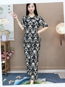 Summer Floral Print V-Neck Womens Two-Piece Set Elastic Waist Concealing Belly Slimming Vintage Button Detail Loose Fit Long Pants